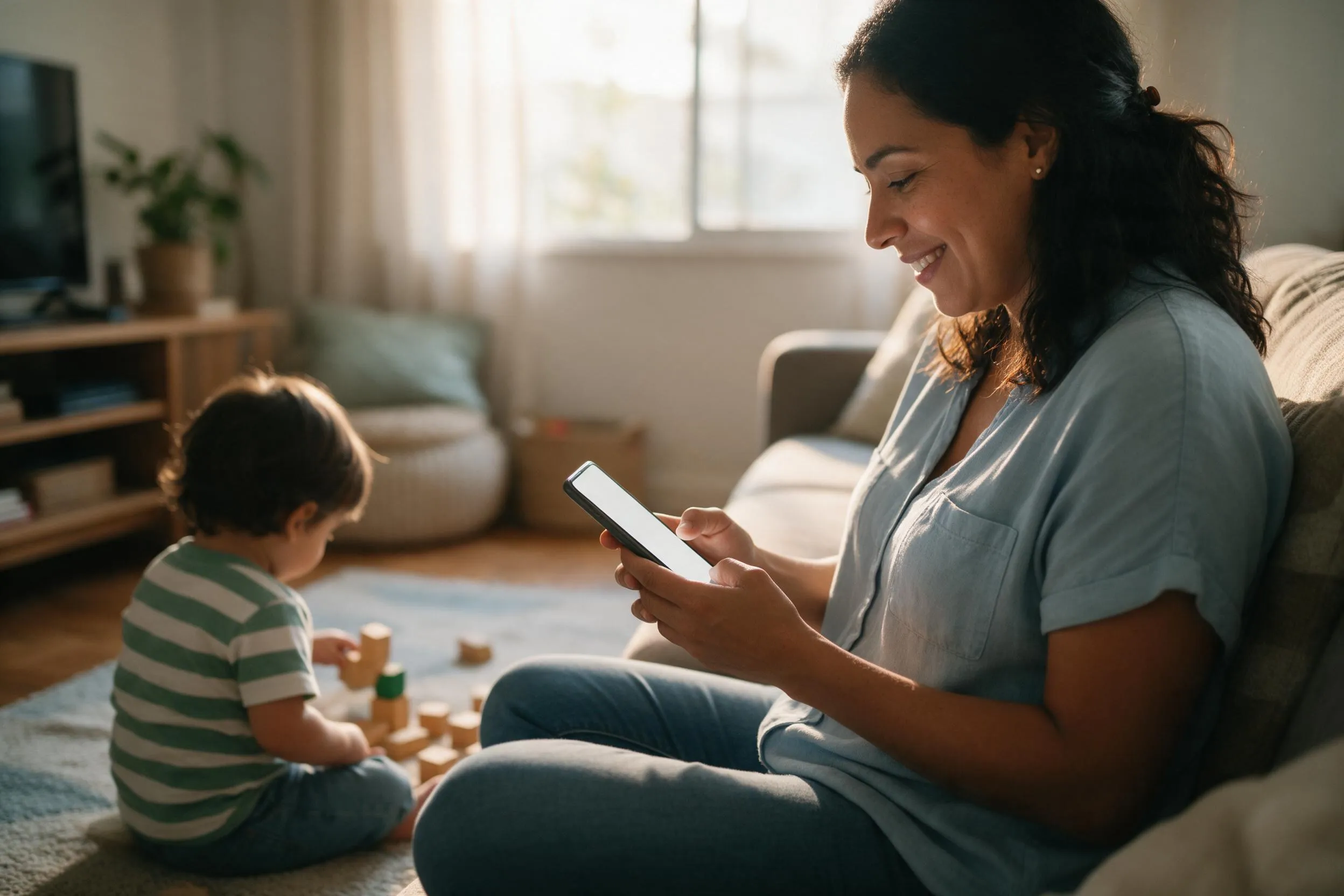 Madre revisando su celular mientras su hijo juega en la sala