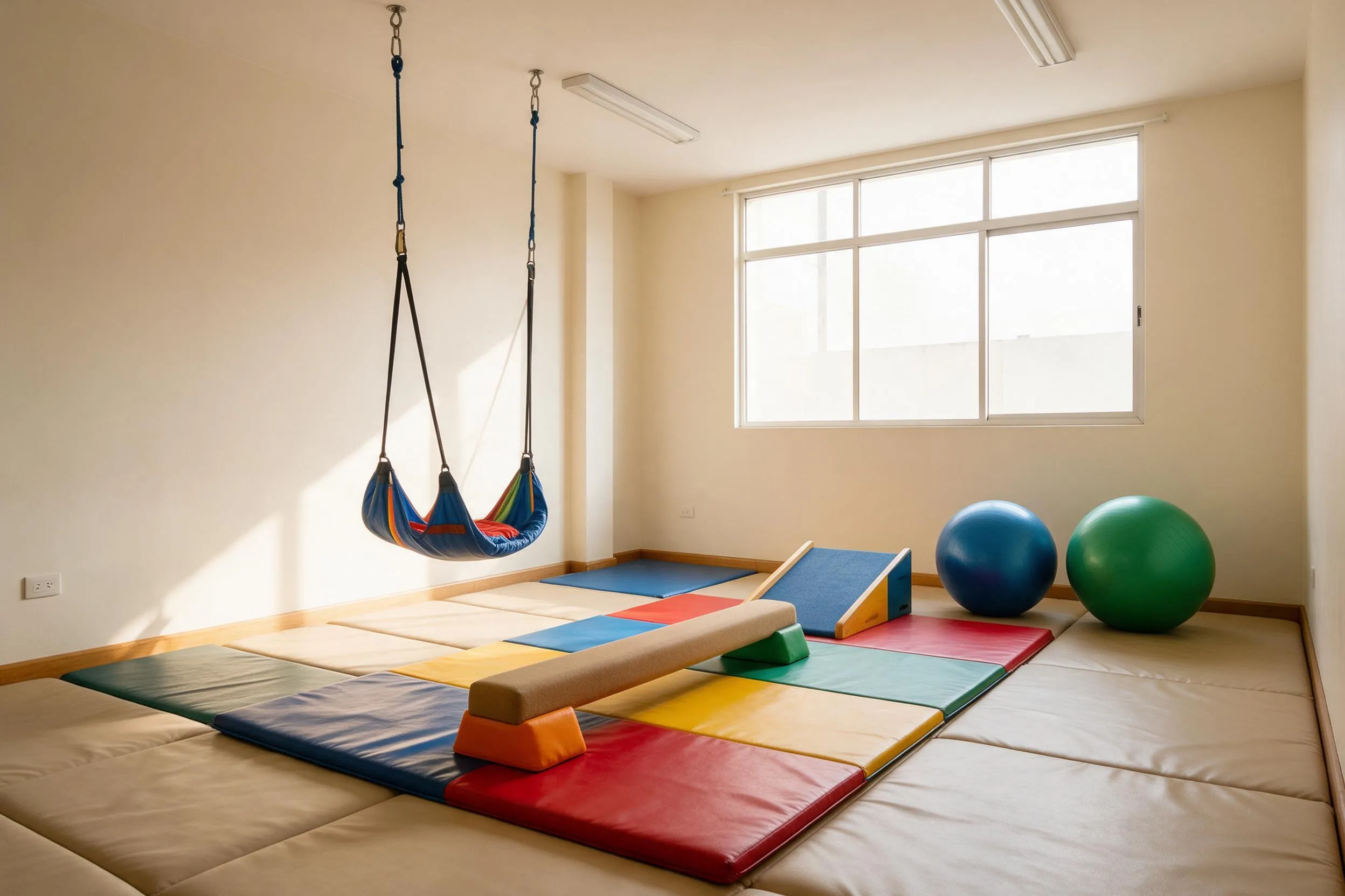 Sala de integración sensorial con columpio terapéutico, colchonetas y balones