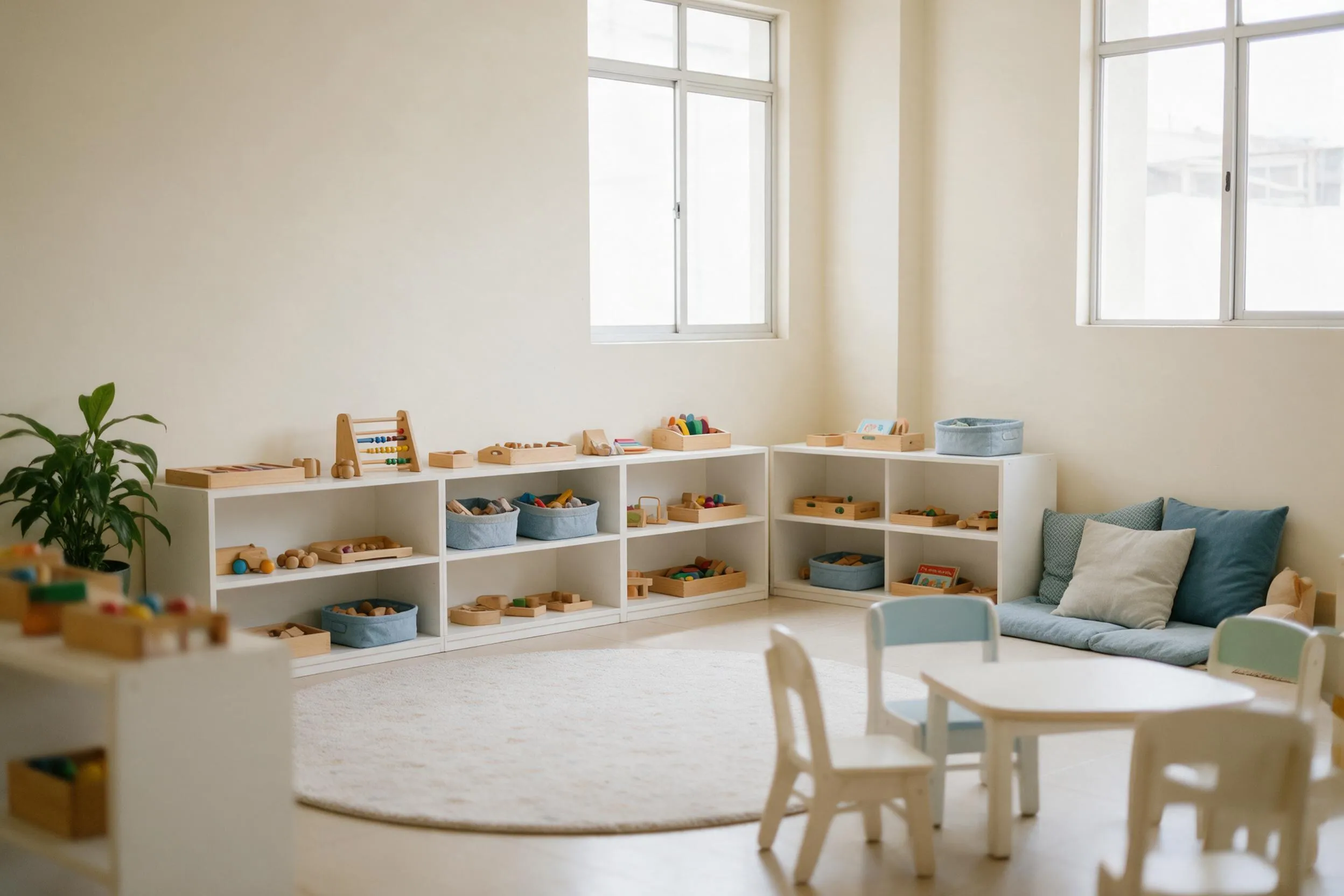 Sala de guardería con estantes bajos de juguetes de madera, alfombra y mobiliario a la altura del niño