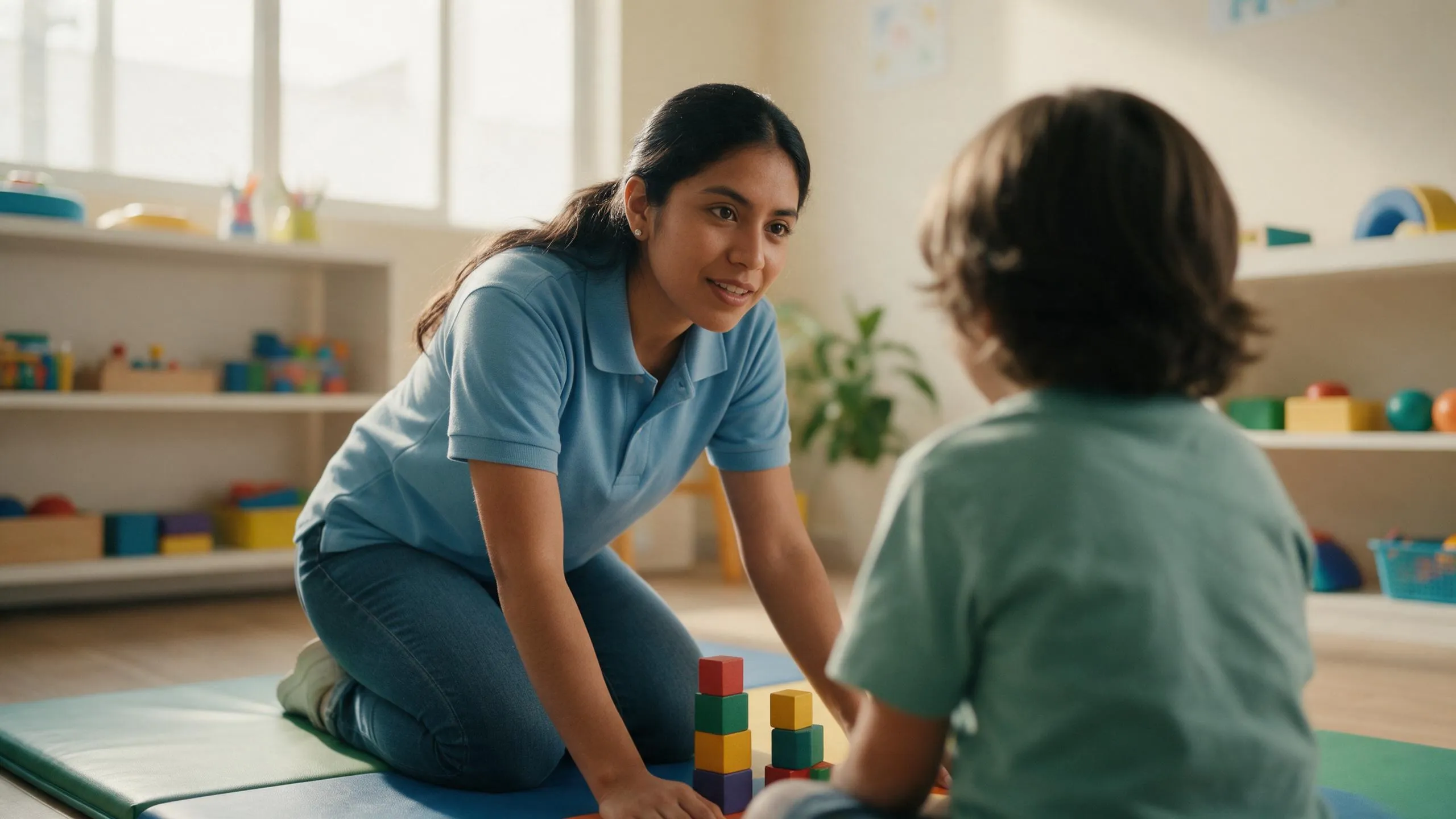 Terapeuta trabajando en el piso con un niño en una sala del centro