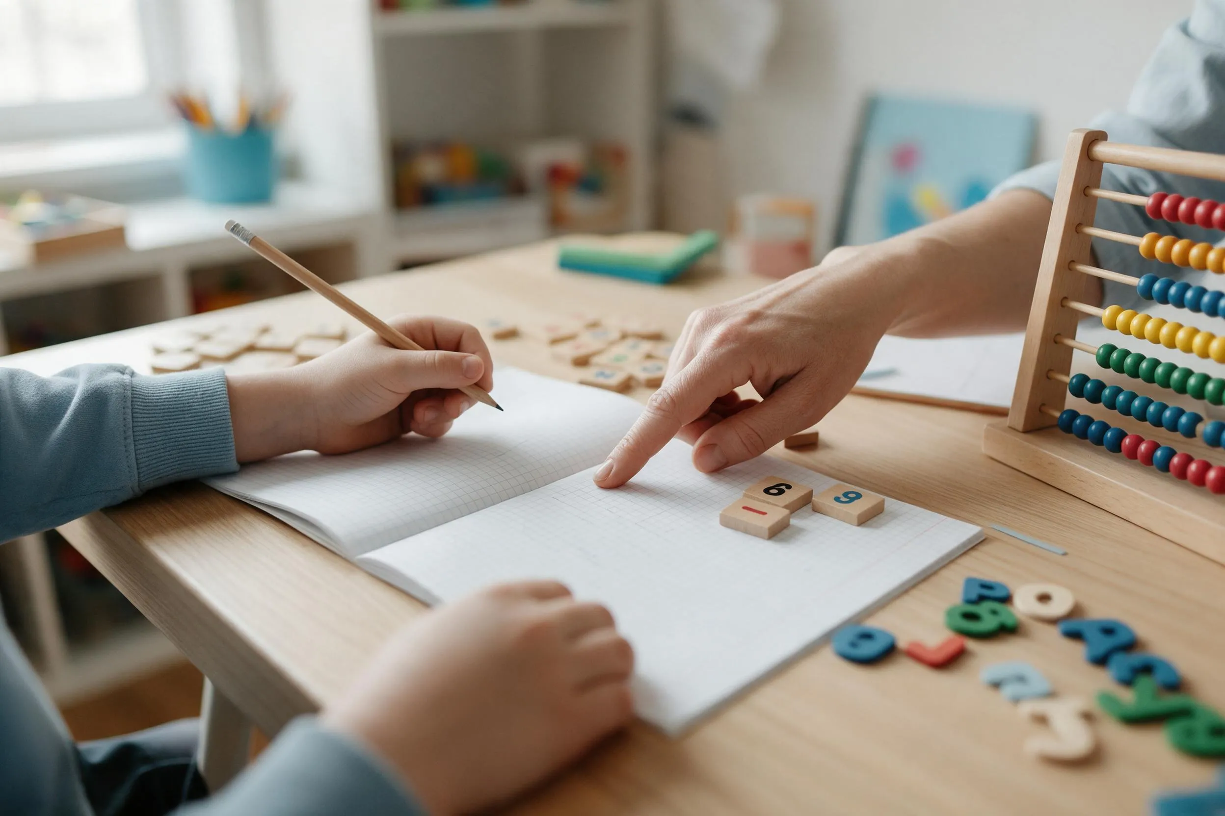 Cuaderno, ábaco y números de madera sobre una mesa de trabajo con un niño escribiendo