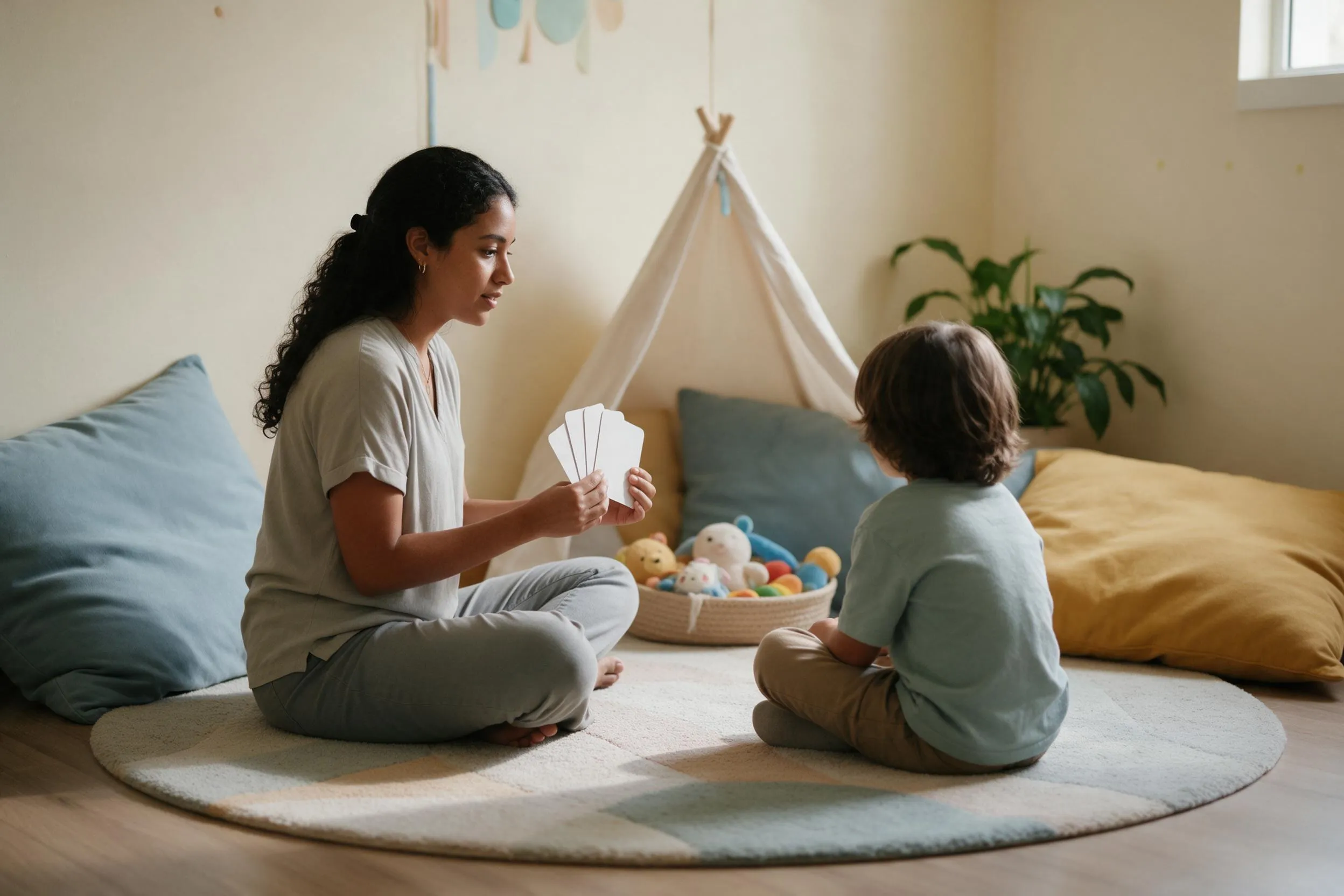 Terapeuta sentada en el rincón de calma mostrando tarjetas de emociones a un niño