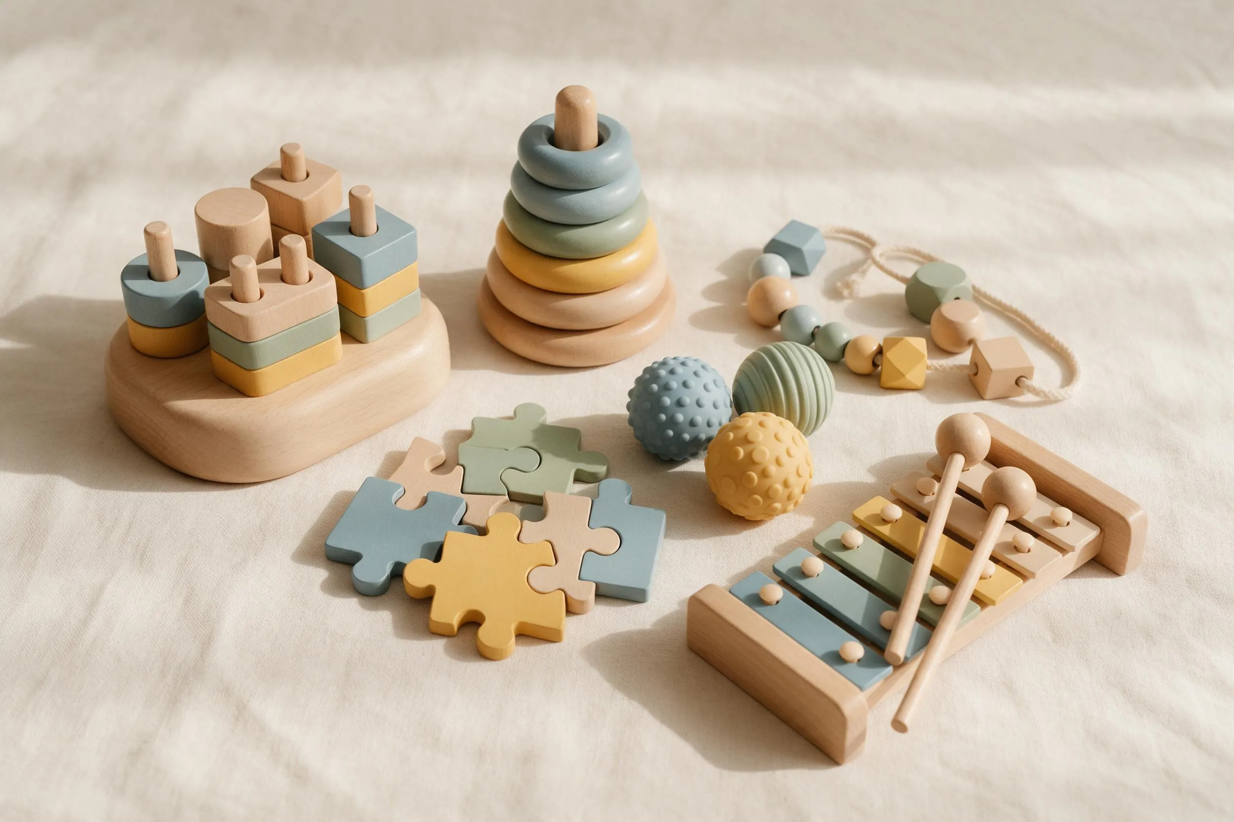 Juguetes de madera de encaje, apilables y sensoriales sobre un lienzo de lino